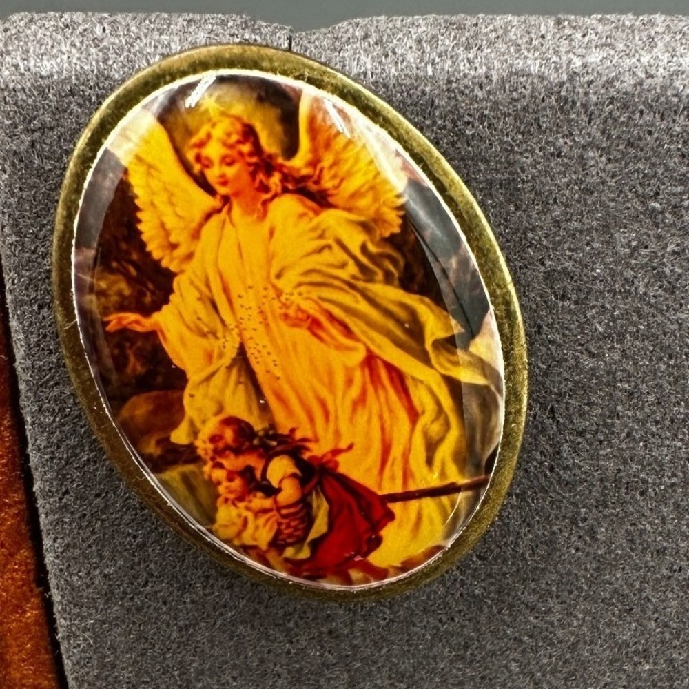 Vintage Guardian Angel Brooch – Oval Religious Art Pin